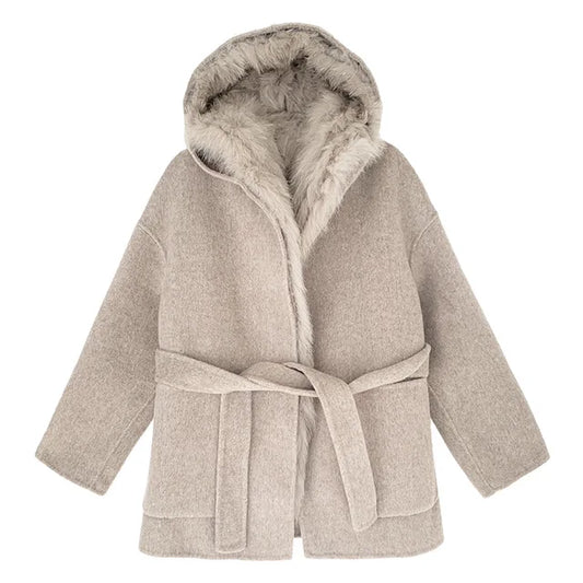 Women's Hooded Wool Blend Coat | Loose Fit