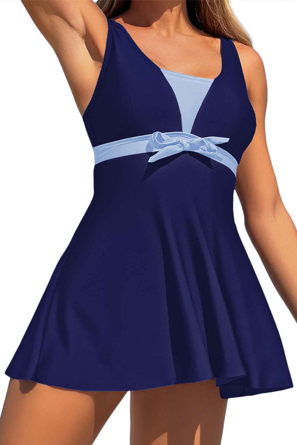Blue Floral Print Patchwork Bow Knot Detail Sleeveless Swim Dress 7329ac01ab2f2835