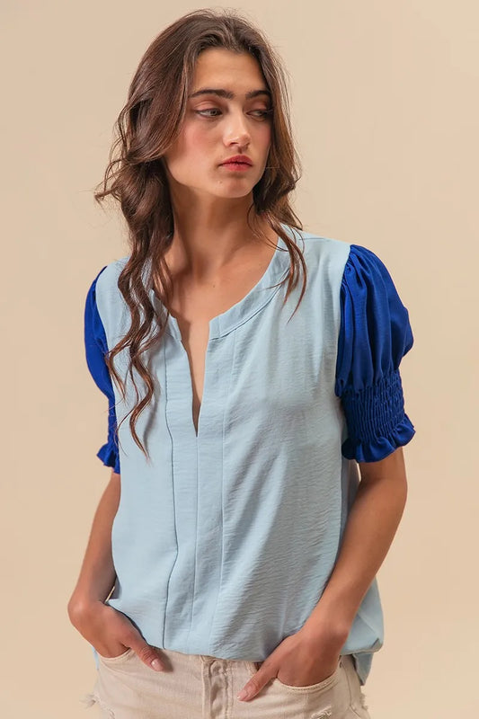BiBi Air Flow Color Block Puff Sleeves V Neck Top 732f7a0055f44e8499c76a9430ea1ad4-Max-Origin
