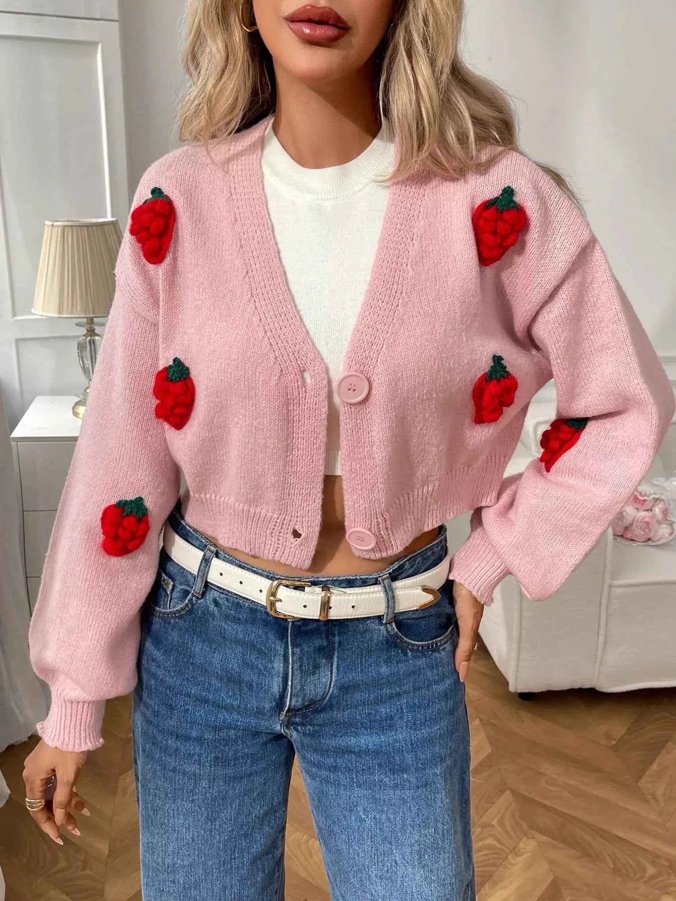 Strawberry Cropped Button-Up Cardigan Pink 733053ab-e97c-4ec8-b2e7-28a9e8269b93-Max-Origin