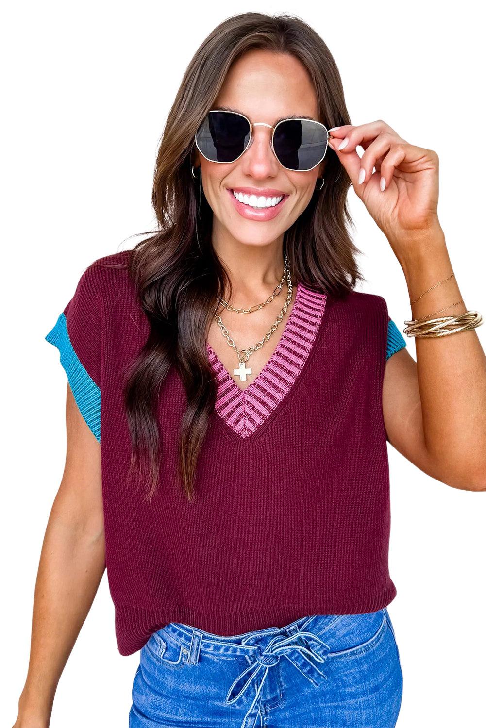 Burgundy Contrast Trim V Neck Cuffed Short Sleeve Loose Sweater