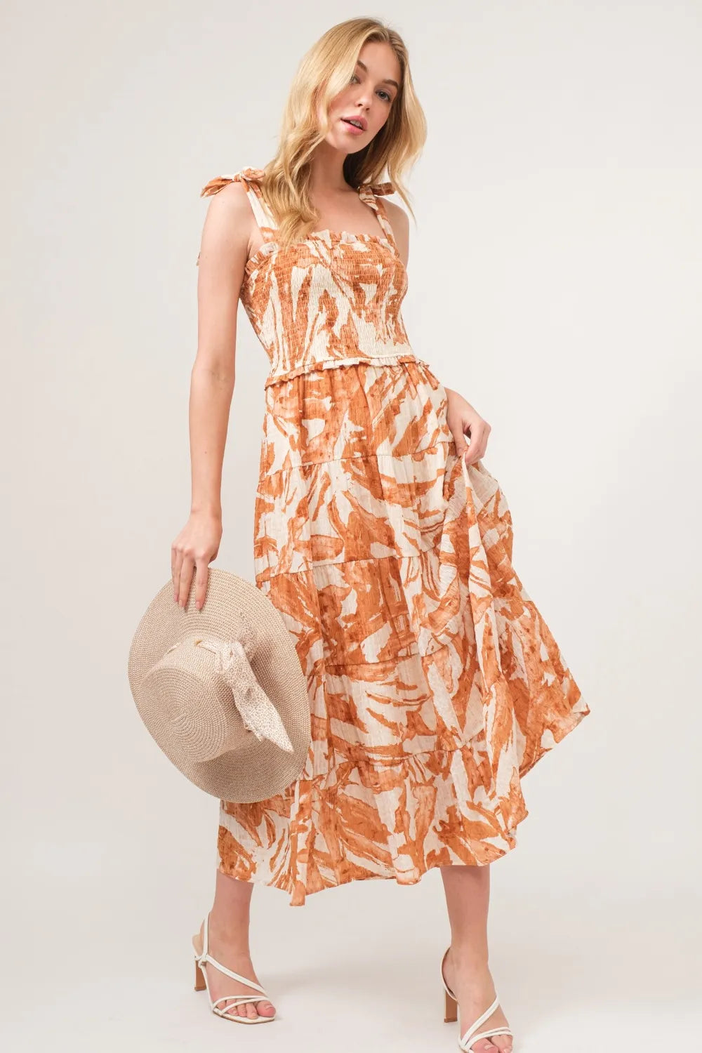And The Why Tie Shoulder Smocked Midi Tiered Dress Hazelnut 7335c24a-c2b6-475d-8677-7de1a087bfe7-Max