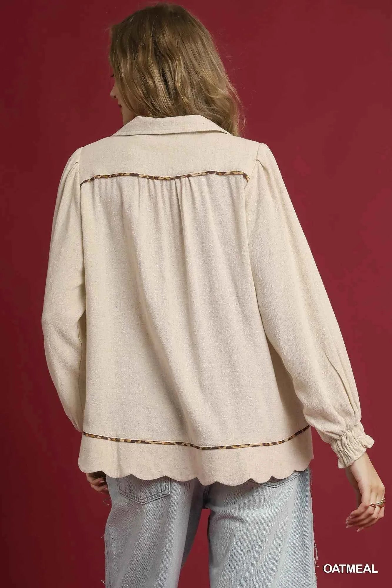 Umgee Full Size Linen Scallop Hem Blouse with Contrast Trim Plus Size 733754d3-bead-402c-a1f0-a9dad0761743-Max-Origin