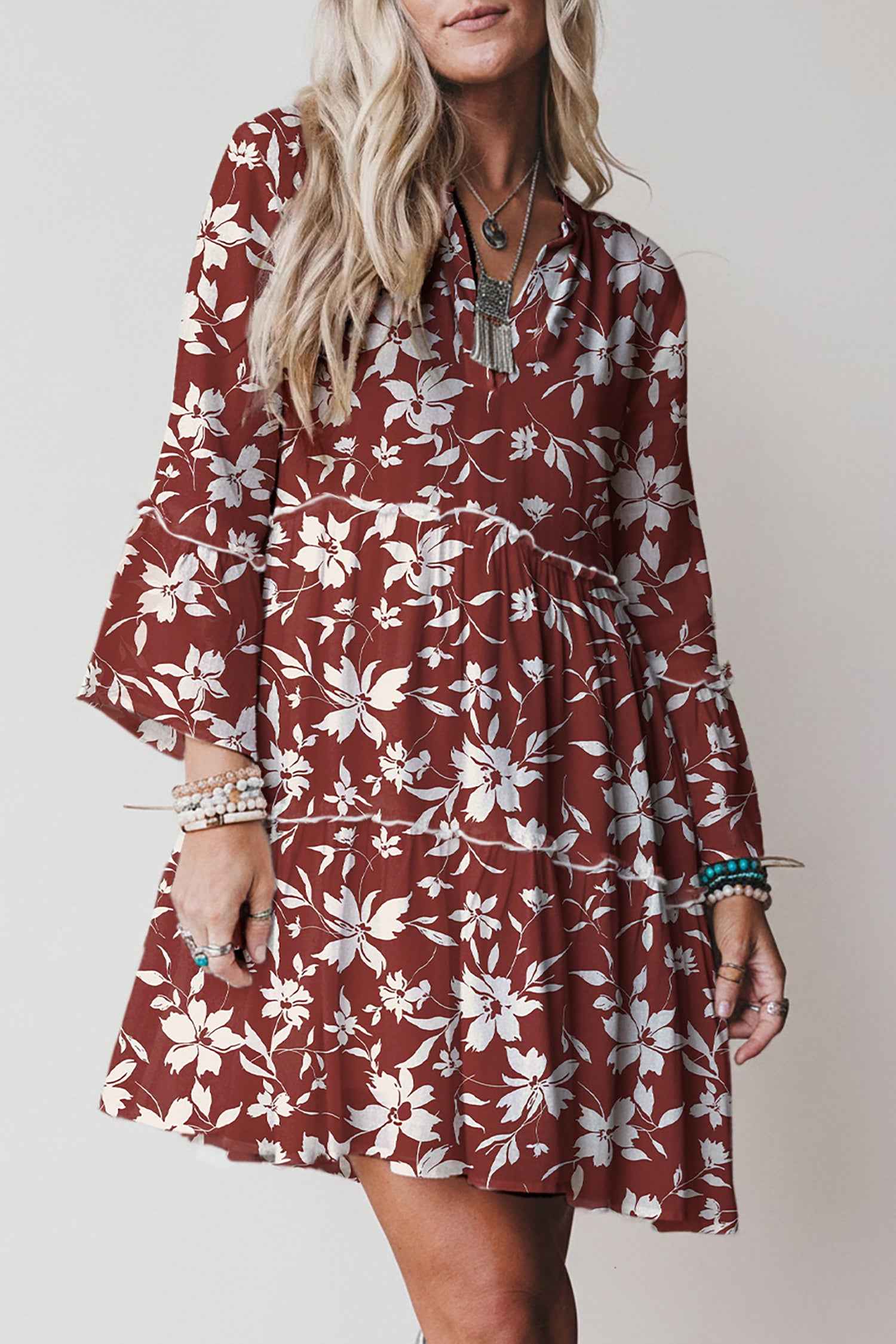 Sky Blue Boho Floral Print Lettuce Trim 3/4 Sleeve Mini Dress 733e762759d51844