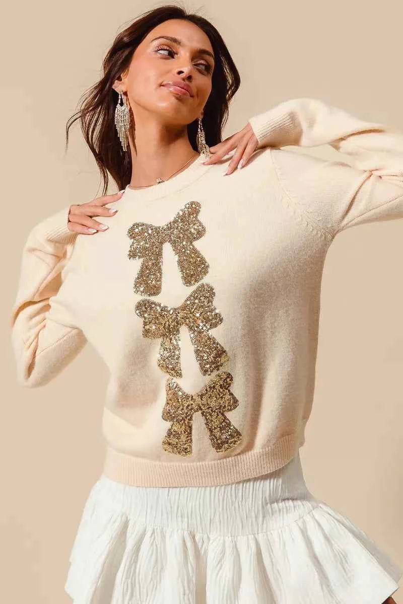 SO ME Sequins Bow Ribbon Embellished Christmas Sweater 7341999e2e5b4a98b4d630d928febd04-Max-Origin