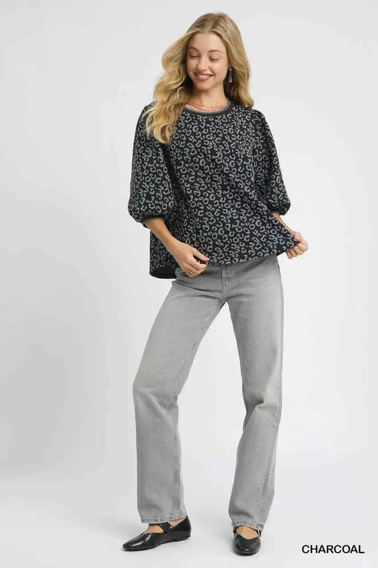 Leopard Print Jacquard Blouse with Puff Sleeves 73428b51-8593-42d3-8f93-4ce8abf530e1-Max