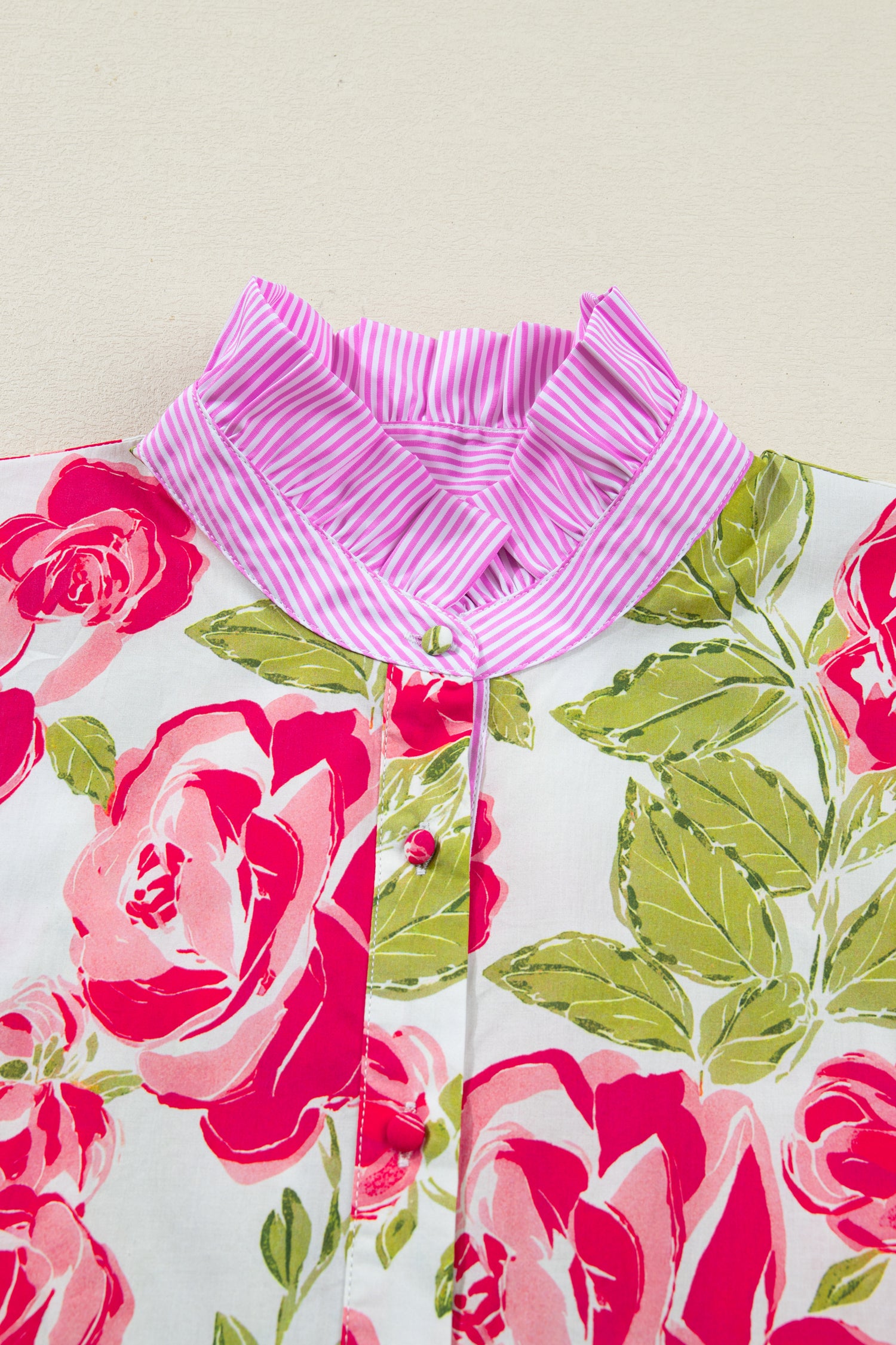 Pink Flower Print Striped Trim Frilled Collar Short Sleeve Shirt 7348edeceace9eff