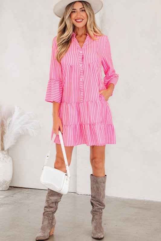 Stripe V-Neck Flare Sleeve Tiered Mini Dress 734b9914-fdff-45f7-8ed2-9764a97cdc2e