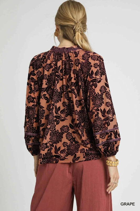 Umgee Floral Velvet Blouse with Balloon Sleeves 734d1f5a-a3e6-45ae-8ab9-65e40789652a-Max-Origin
