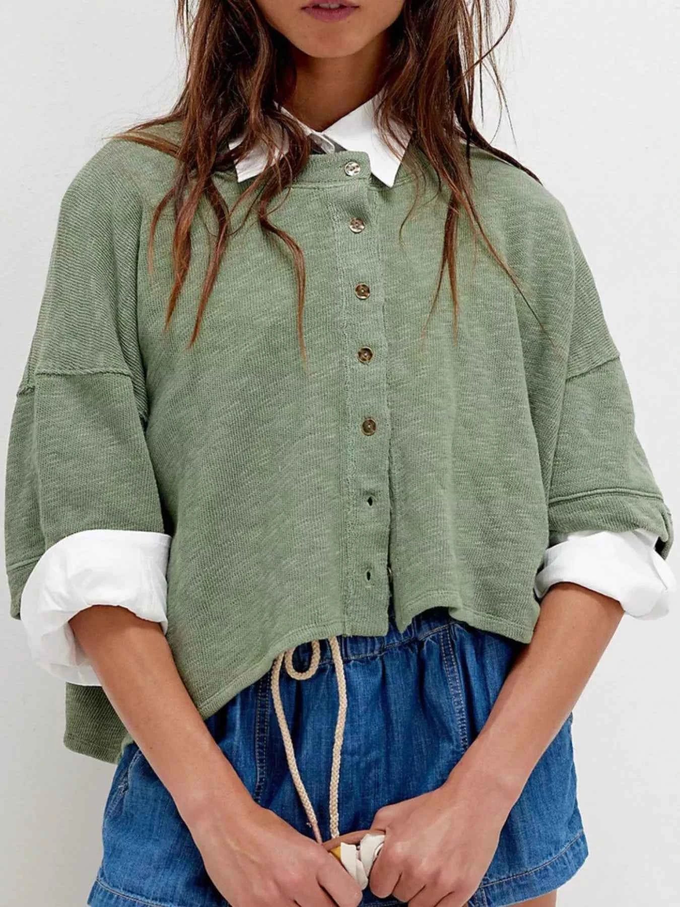 Button-Front Half Sleeve Cardigan Green 734f5fe4-de52-443f-b851-1423e18b4aa3-Max-Origin