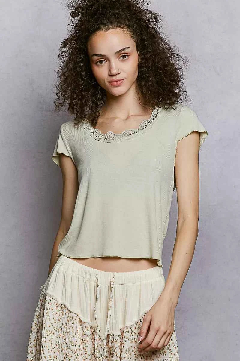 POL Round Neck Short Sleeve Crop T-Shirt with Lace Trim TEA GREEN 7350fc4d-ada0-4082-a690-5e24716b010a-Max-Origin