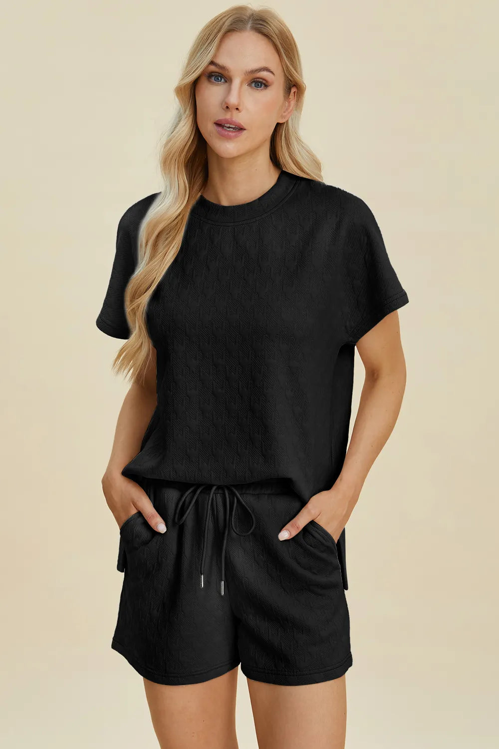Double Take Full Size Texture Round Neck Short Sleeve Top and Shorts Set Black 7351ef15-8866-4201-b86e-c1f447b1be8a-Max