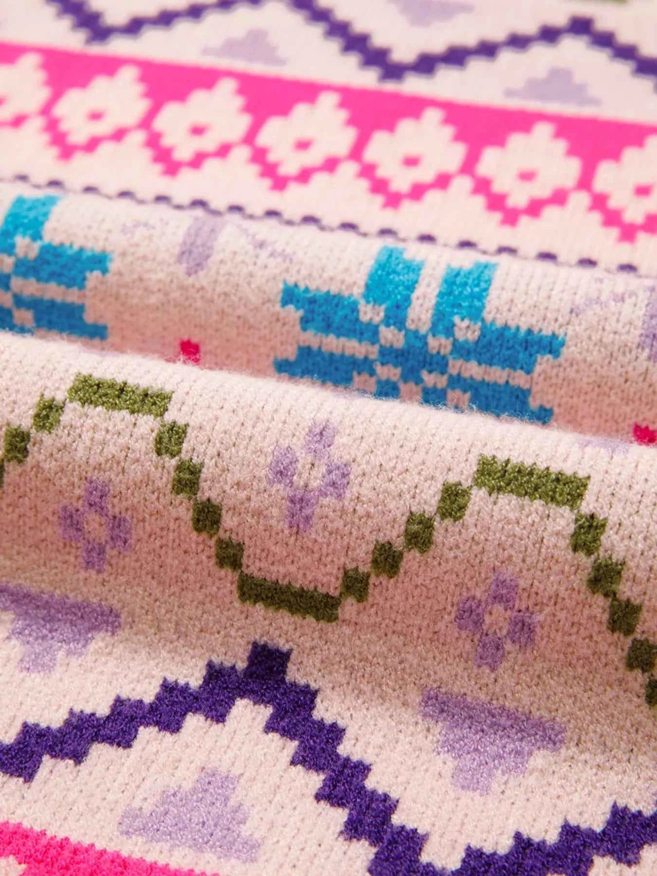 Multicolour Ethnic Christmas Pattern Knit Feather Cuffed Sweater 735213dd9d774c2199838e092d2461a1-Max-Origin