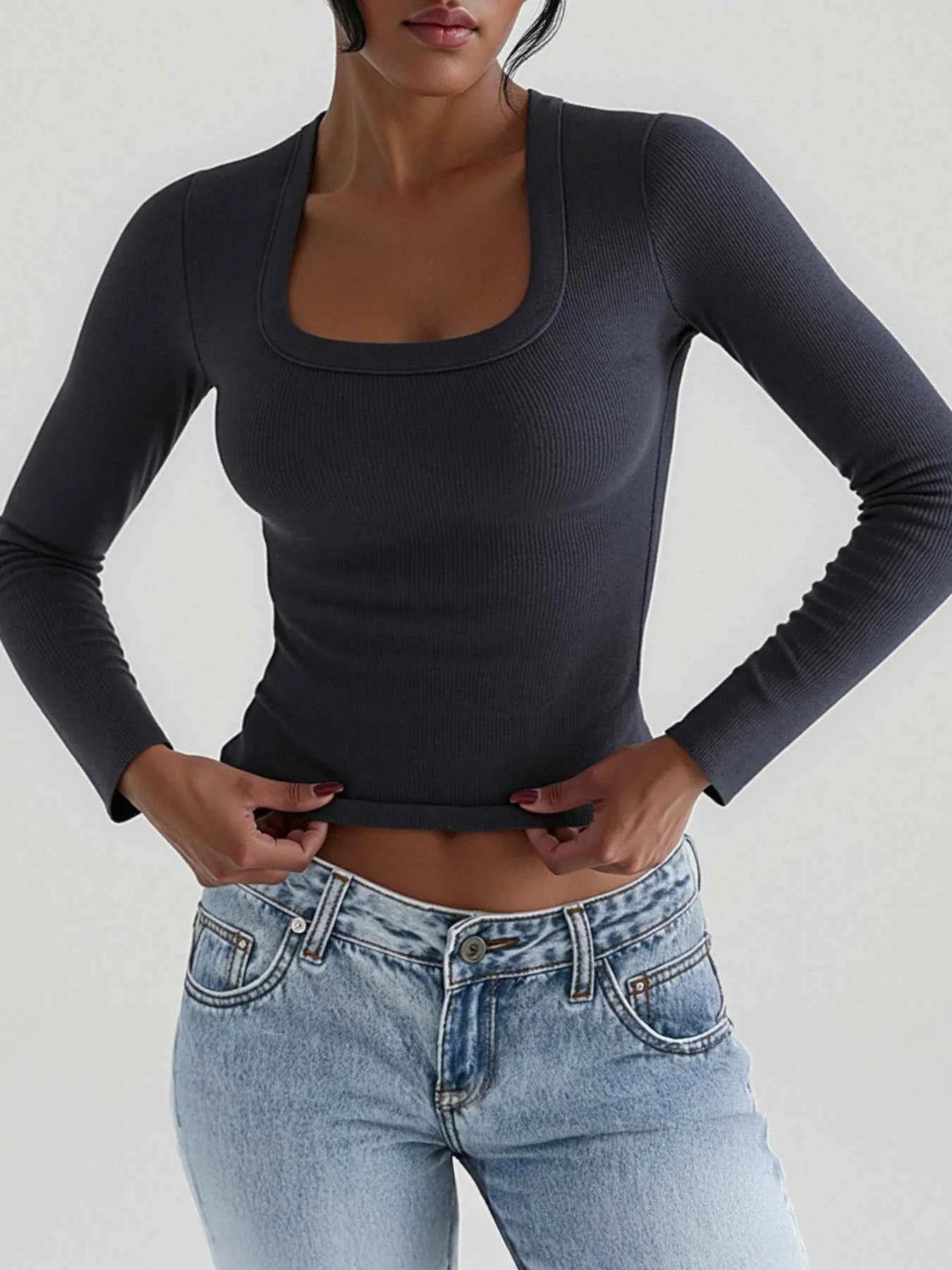 Square Neck Long Sleeve T-Shirt Dark Gray 73538d82c0924cafb222973d86f38b0e-Max-Origin