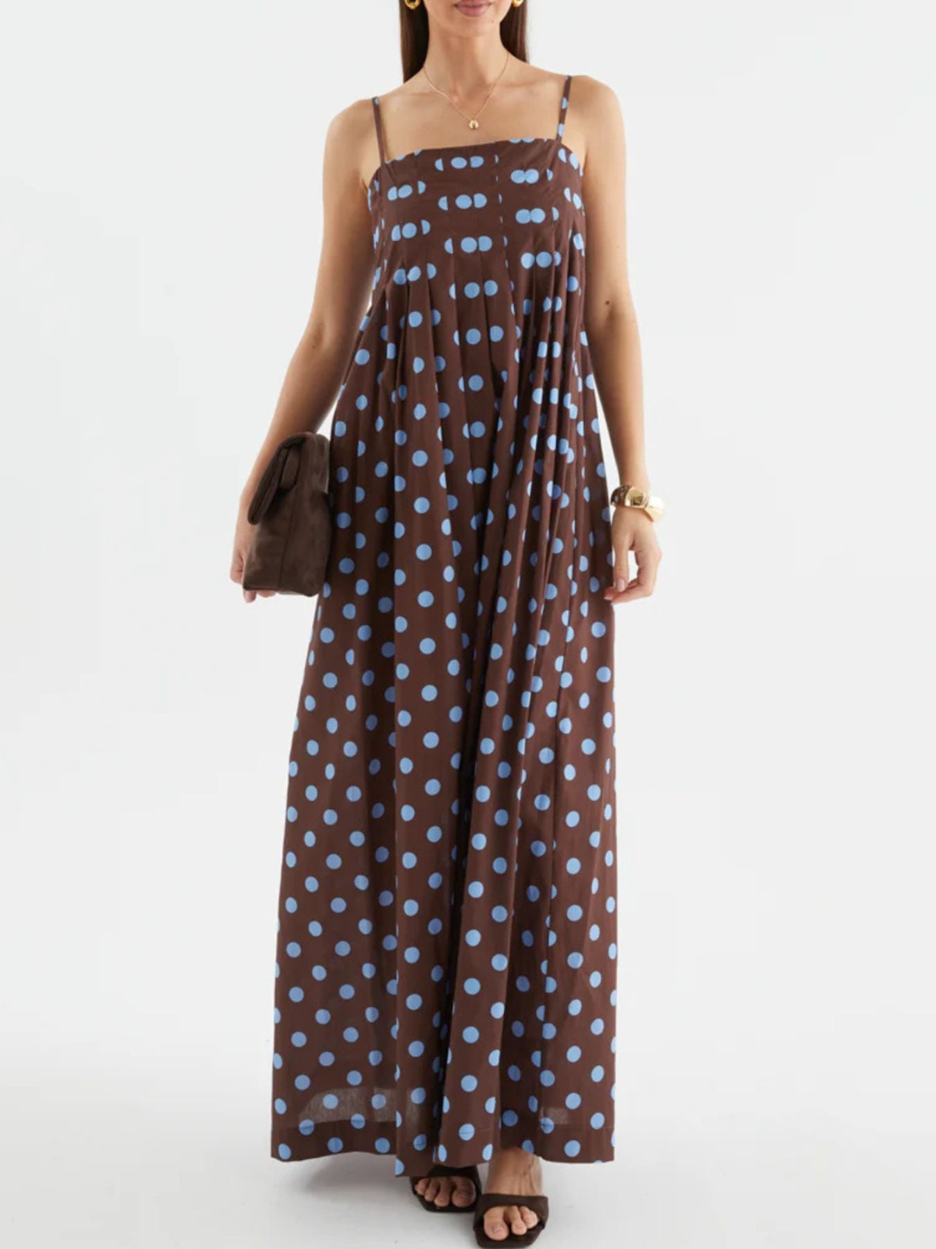 Polka Dot Pleated Detail Maxi Dress 73576bcd-fcc9-44c8-a625-81cf1a3b0a69-Max