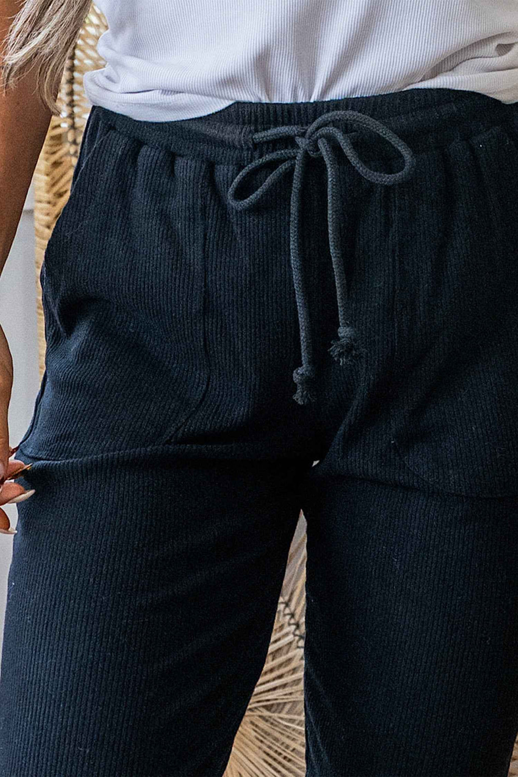 Black Ribbed Drawstring Active Jogger Pants 735a30598162c842