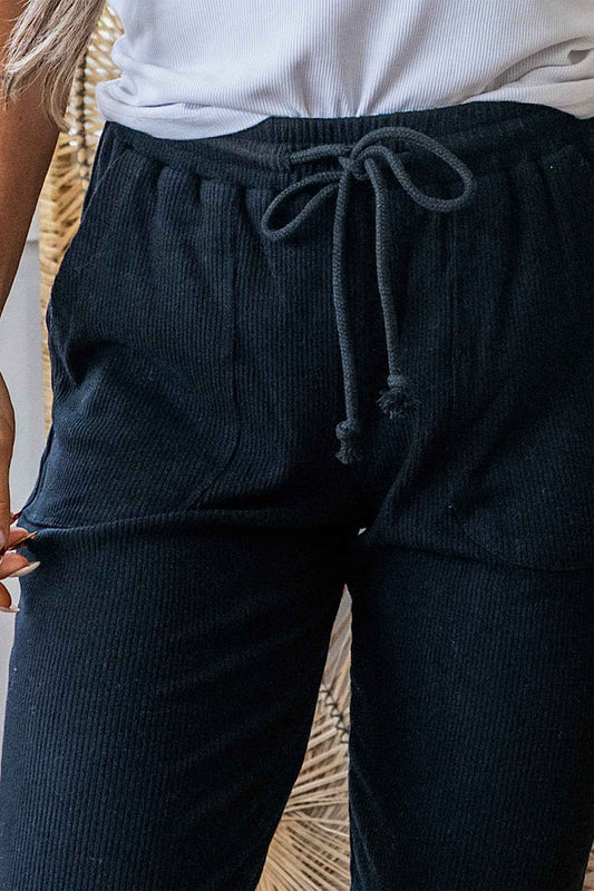 Black Ribbed Drawstring Active Jogger Pants 735a30598162c842