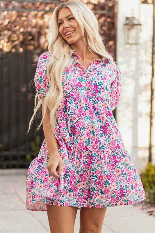 Floral Collared Half-Placket Short Sleeve Mini Dre Pink 735f2196-2fe8-4070-af99-be396842b9a0