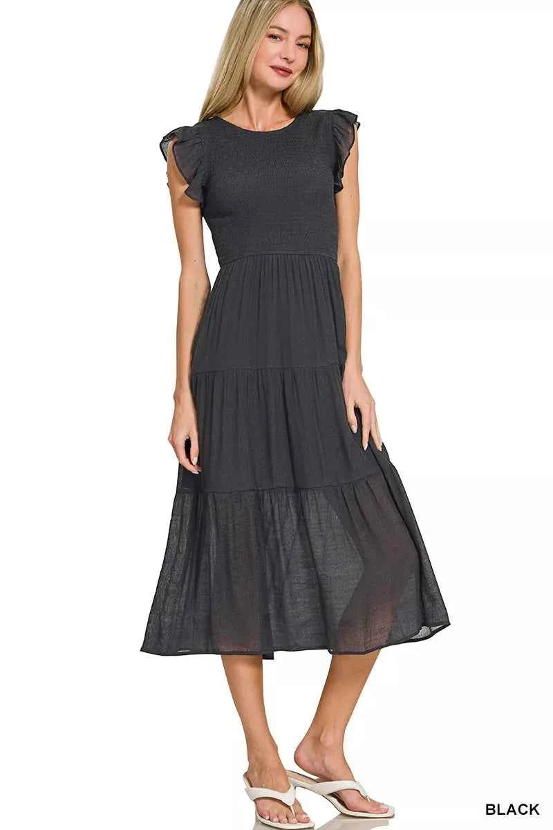 Zenana Woven Smocked Ruffle Sleeve Midi Dress BLACK 735f6fbda5a2410196652e25b1b44fd5-Max-Origin