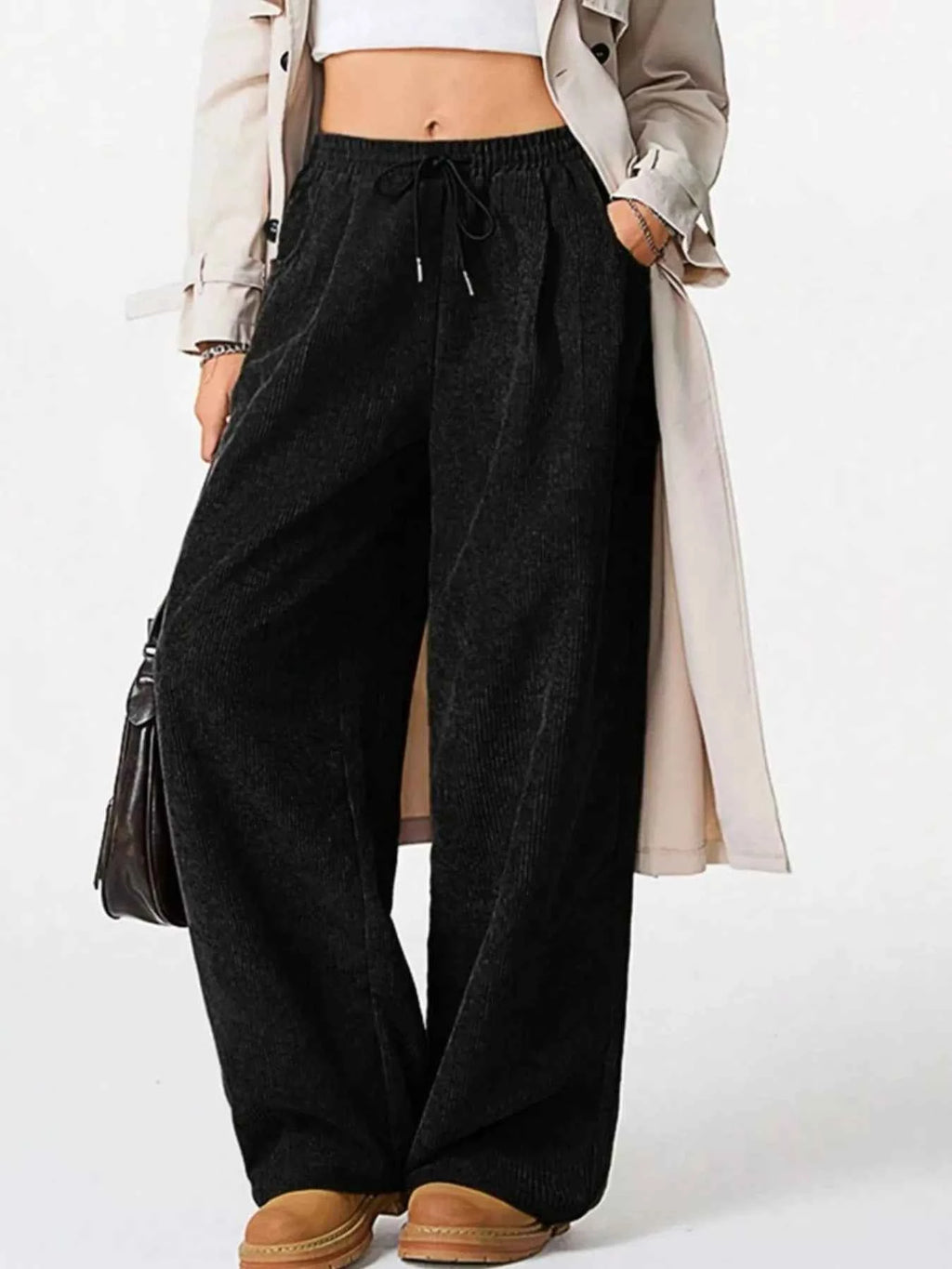 Wide Leg Corduroy Drawstring Pants Black· 736319ce-749b-4d3f-a770-dee348e72633-Max-Origin