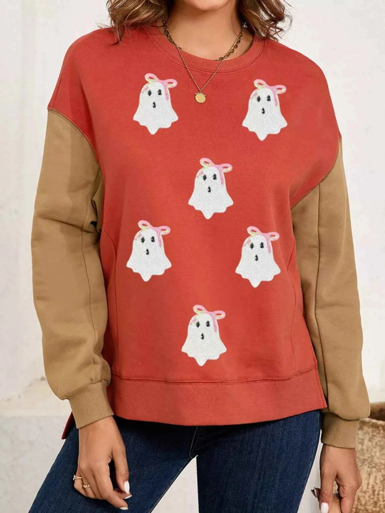 Halloween Glitter Ghost Patched Pattern Color Block Sweatshirt 7363bd9e-d099-44f4-b153-186659c588a2-Max-Origin