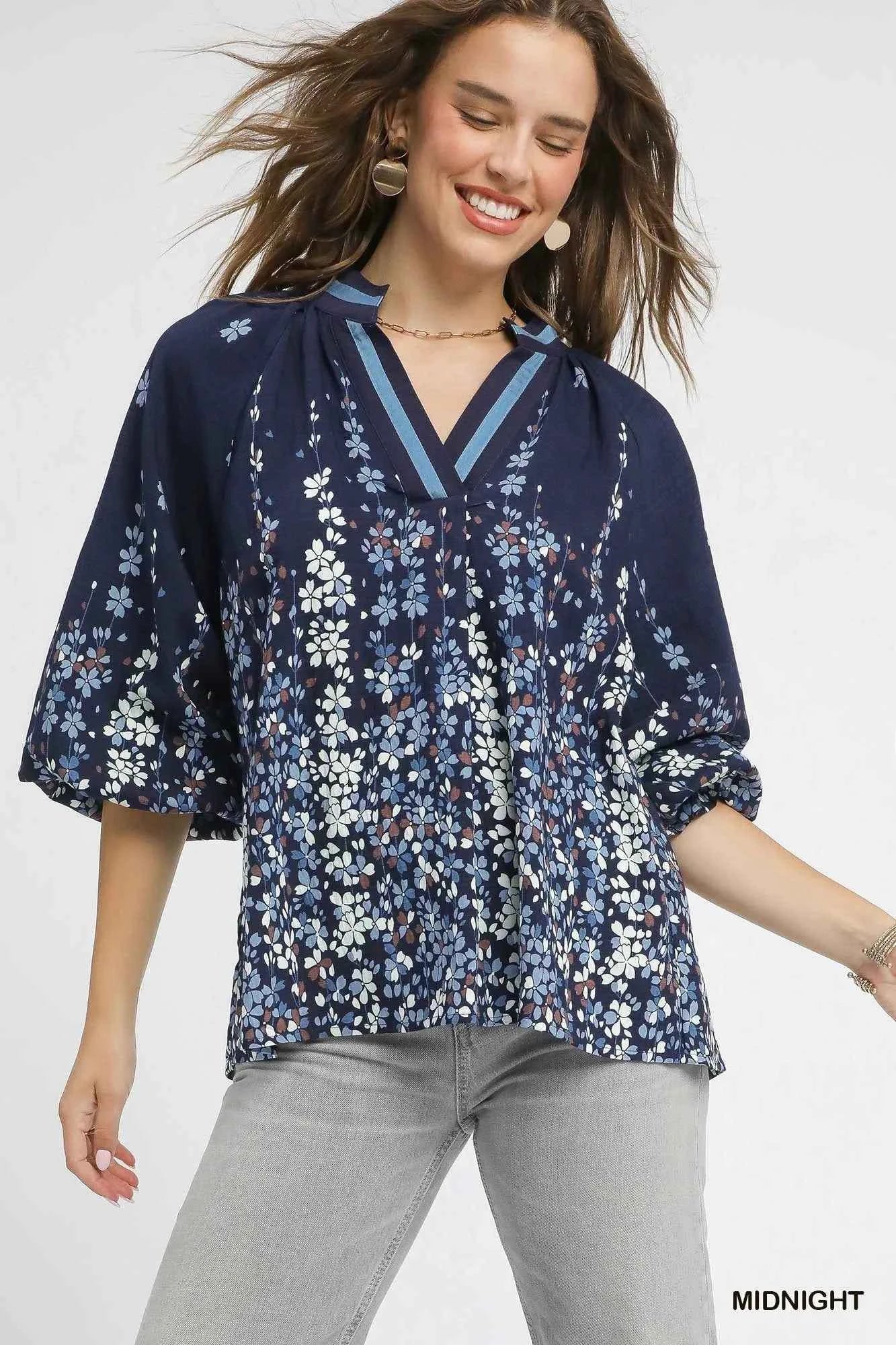 Umgee Full Size Floral Vine Print Blouse with Balloon Sleeves Plus Size MIDNIGHT 73681085-9db6-41c4-a244-2e771ca3472e-Max-Origin