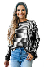 Khaki Stripe Patchwork Knit Drop Shoulder Top 7369d720f25db713