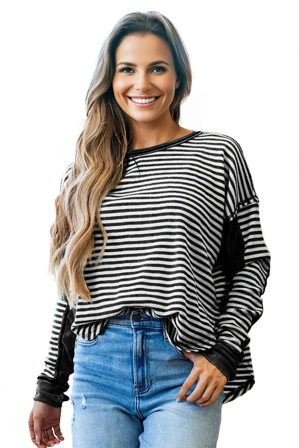 Khaki Stripe Patchwork Knit Drop Shoulder Top 7369d720f25db713