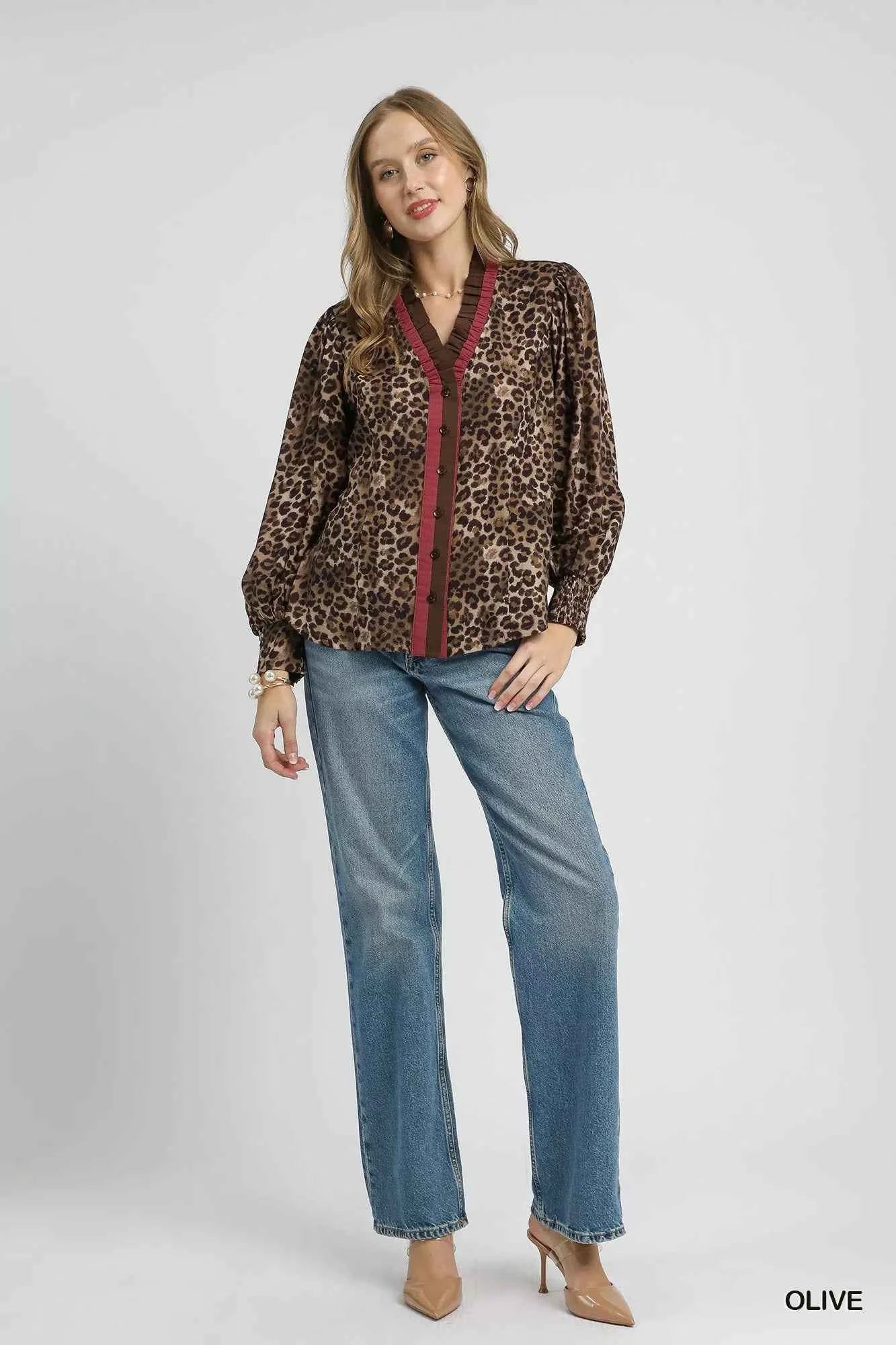 Umgee Ruffle Trim Leopard Print Shirt 73719e9f-6f83-47fc-903e-3ef5e999fdc8-Max-Origin