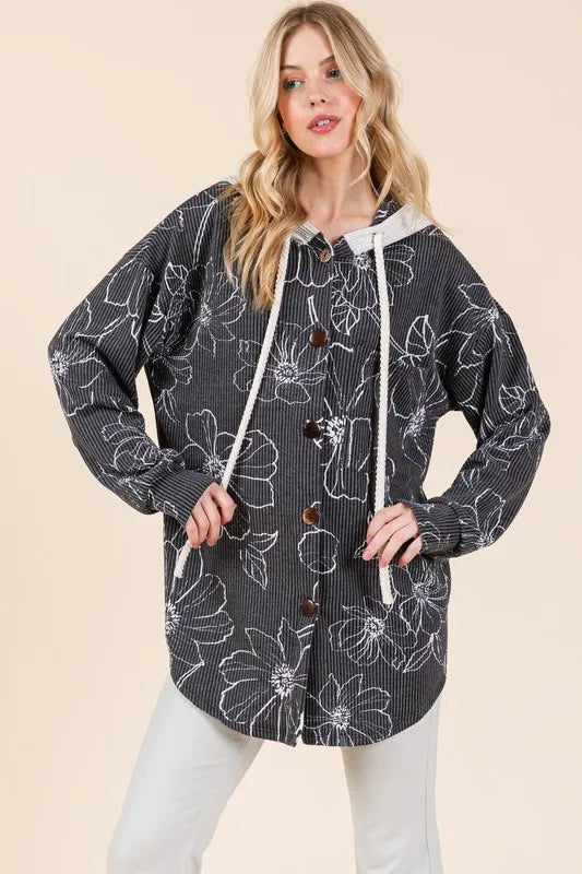 BOMBOM Drawstring Flower Print Button Up Shacket 737678a5-a0b1-44f0-b9ac-fb8576d79aa7-Max