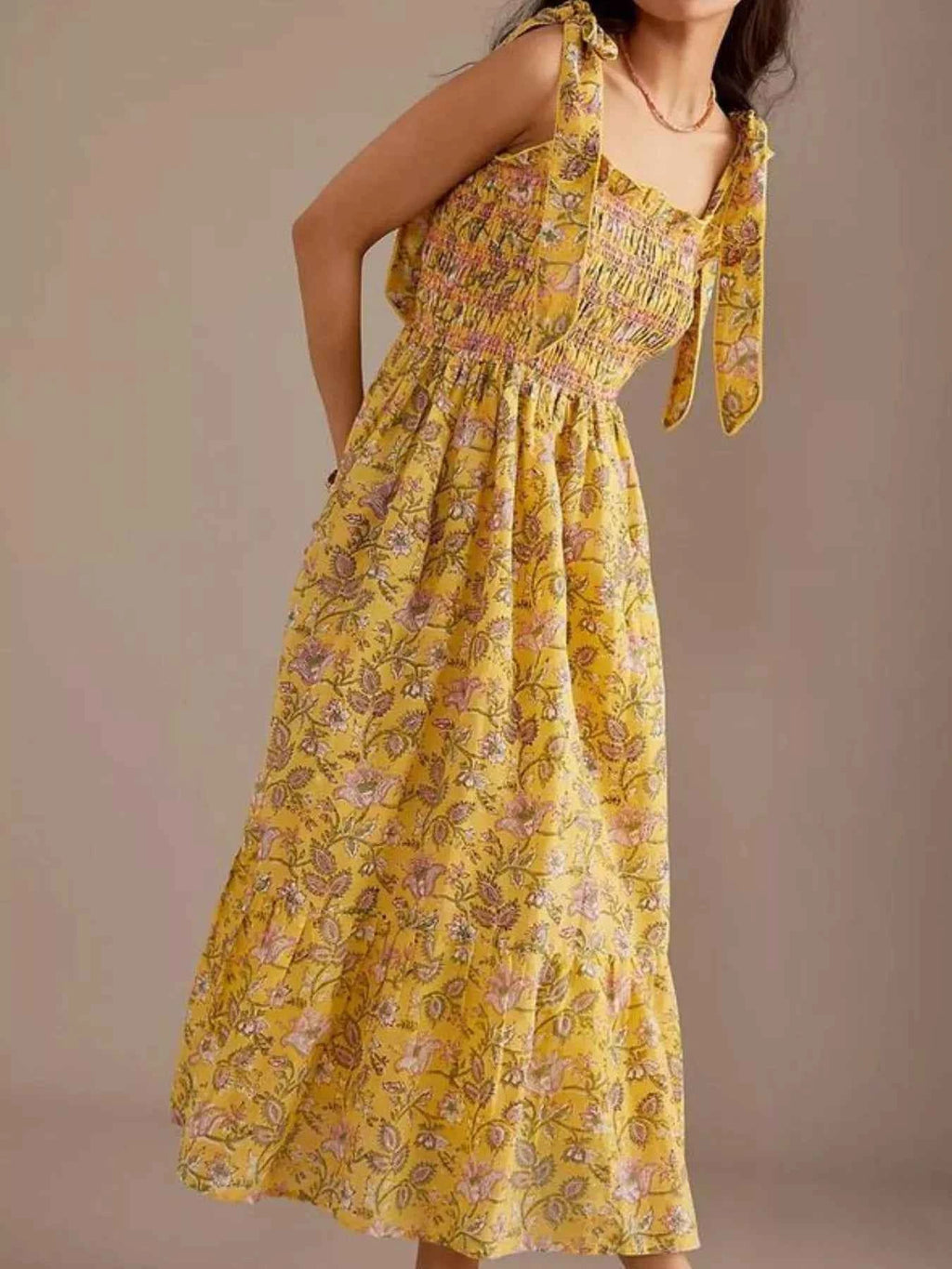 Floral Smocked Tie-Shoulder Midi Dress 737c1944-fd6c-407a-b9e6-f72da1ef9dbe-Max-Origin
