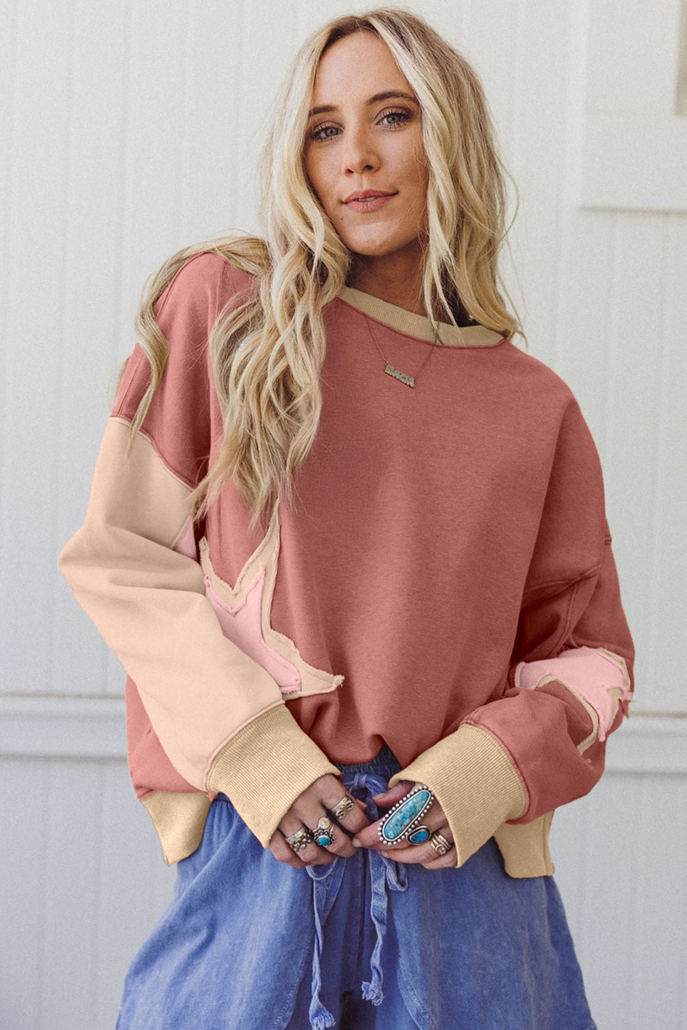 Rose Pink Star Patchwork Exposed Seam Uneven Hem Sweatshirt 737e77cb3f133ce5