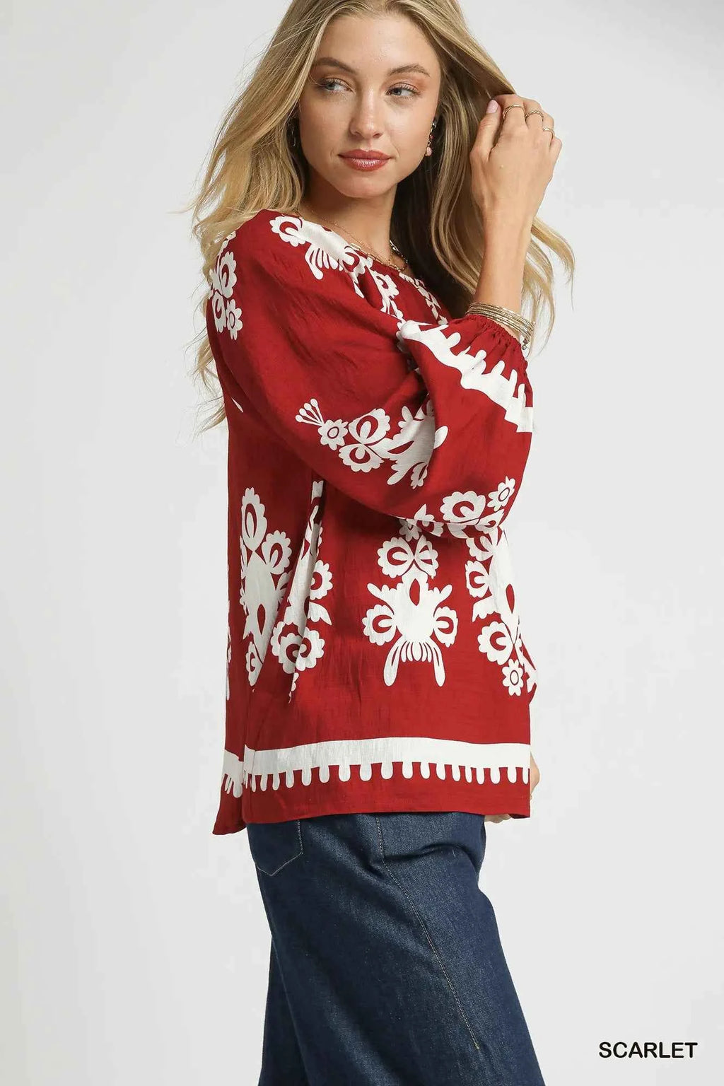 Umgee Two Tone Border Print Top with Balloon Sleeves 7382967f-b76d-4659-802d-ebdd59d850fb-Max-Origin