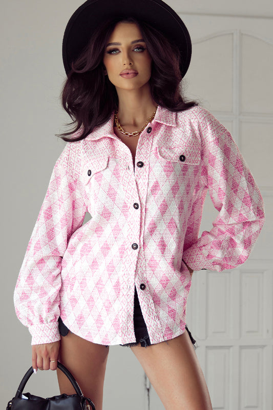 Delicacy Geometric Print Textured Flap Detail Shacket with Pocket 73842622555a1c5b