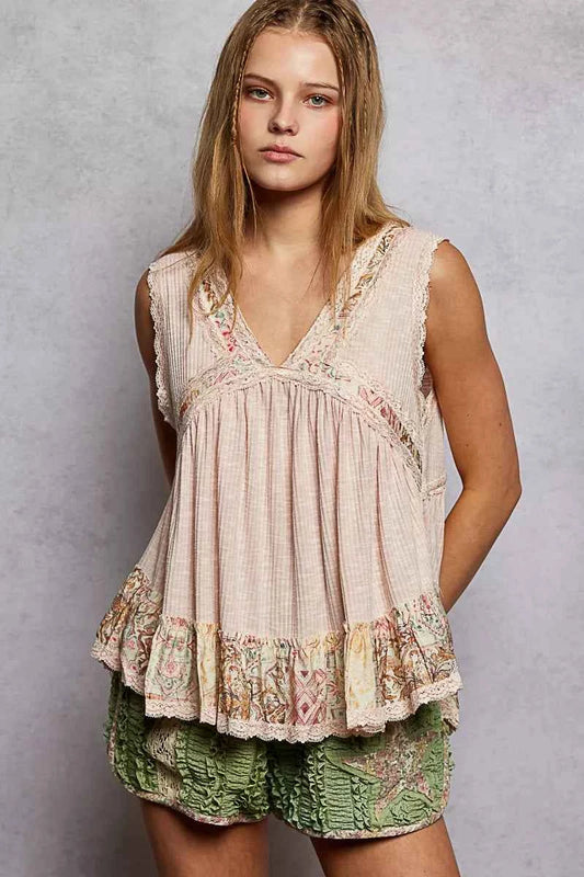 POL Lace Detail Ruffled Ribbed Sleeveless Top with Floral Pattern Trim Detail PALE PINK 73870e16-bc70-459b-9fc3-2a8ca42c7502-Max-Origin