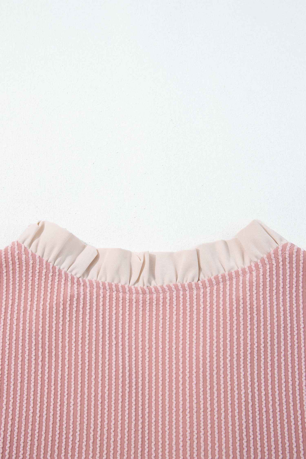 Light Blue Plus Size Contrast Frilled Neckline Ruffled Short Sleeve Ribbed Textured Blouse 738f0695a85f78d4