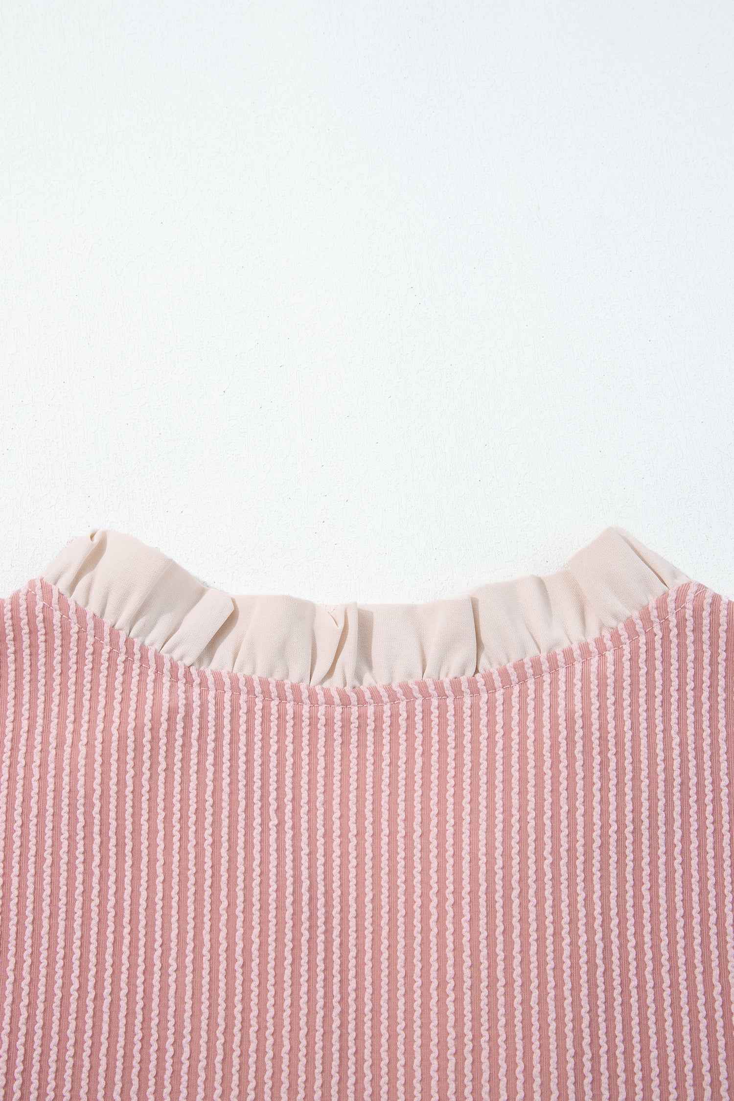 Light Blue Plus Size Contrast Frilled Neckline Ruffled Short Sleeve Ribbed Textured Blouse 738f0695a85f78d4