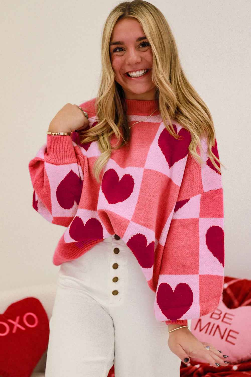 Pink Plus Size Heart Checkered Colorblock Lantern Sleeve Sweater 7392fb84afb35813