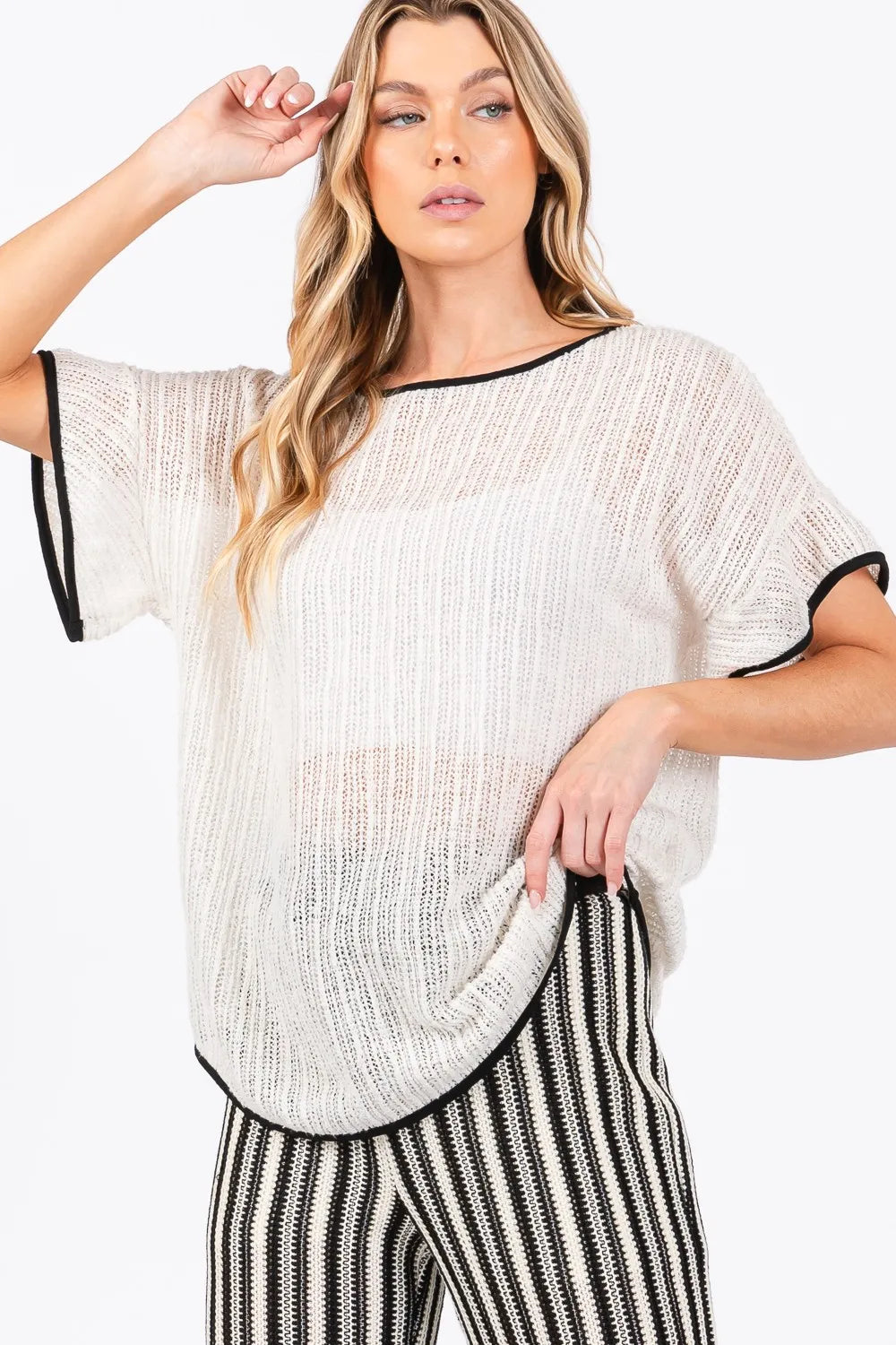 GeeGee Contrast Trim Short Sleeve Knit Cover Up 73932d41-3561-4526-bc5f-ac356e47fe51-Max