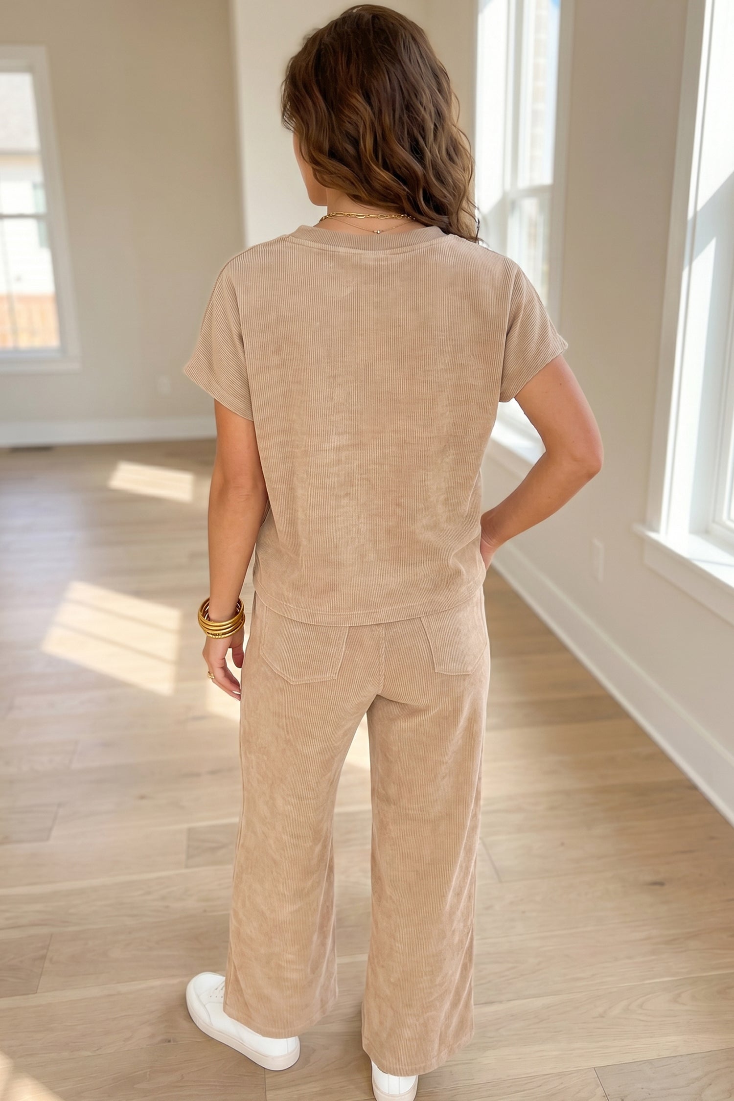 Light French Beige Solid Color Short Sleeve Ribbed Top Casual Pants 2pcs Set 739afa915761498e