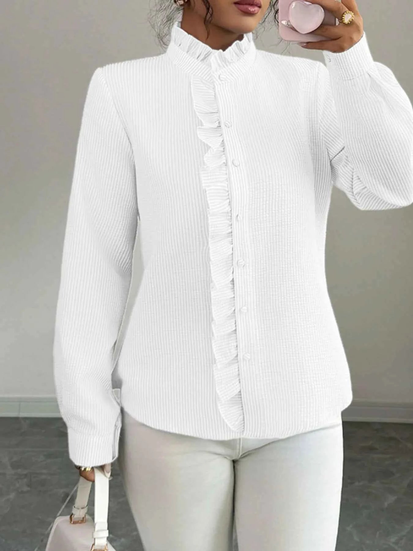 Ruffle Front Striped Button-Up Shirt White 73a124a6-5758-426b-8c3c-4469725d88df-Max-Origin