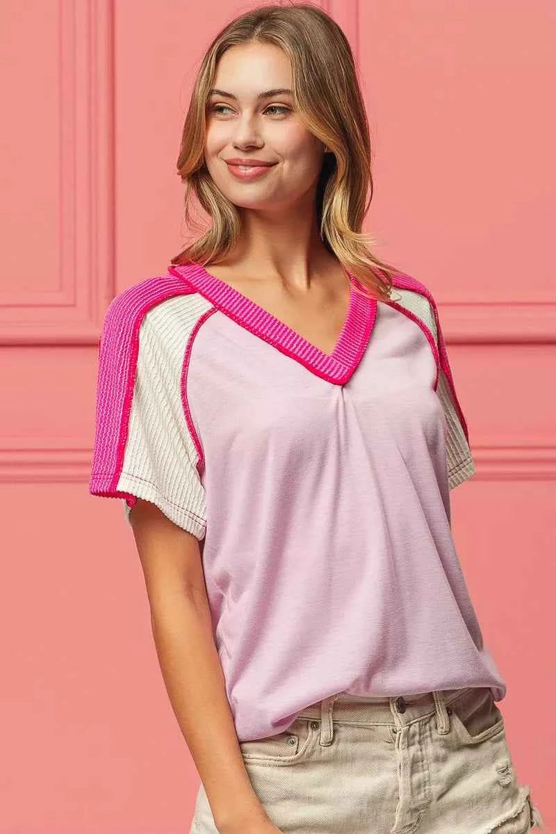 BiBi Cord Rib Combo V Neck Jersey Knit Top 73a4770c-d29b-4726-b84f-359285883329-Max-Origin