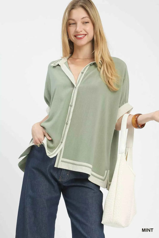Linen Button Front Top with Contrast Piping MINT 73a4bdbf-d2c9-46ae-b14f-2ac57e0279cf-Max-Origin