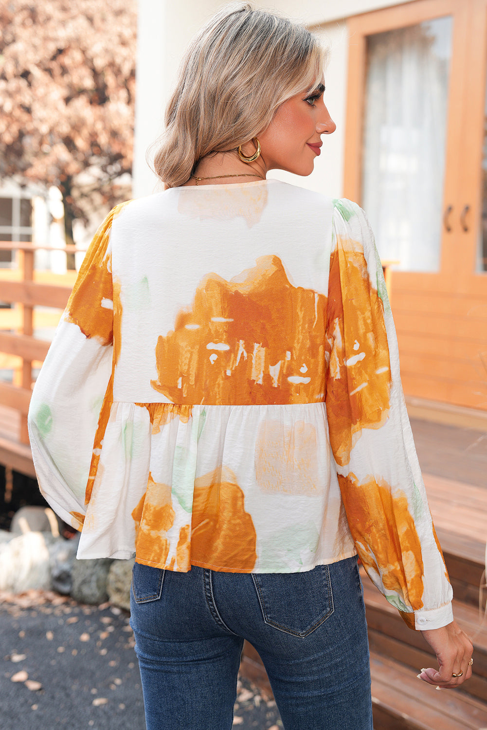 Carrot Abstract Print Bubble Sleeve Bow Front Top 73ae6eafe105f39b