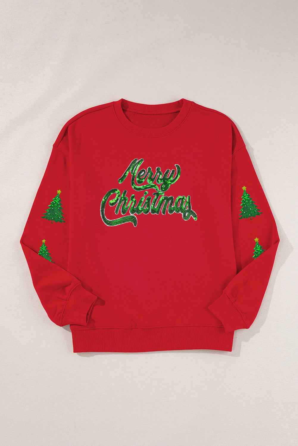 Red Shimmering Merry Christmas Tree Patched Pattern Festive Sweatshirt 73b0f1fb8c7fc70e