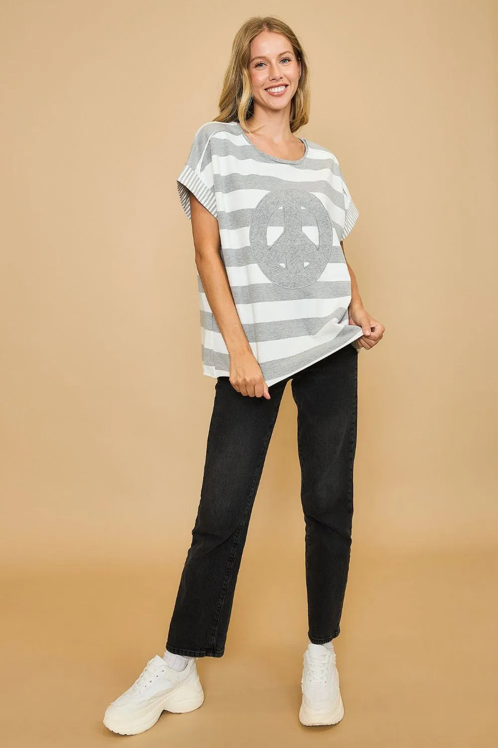 Umgee Peace Sign Patch Striped French Terry T-Shirt 73b238b5-0325-4929-acfc-e82c3630210e-Max