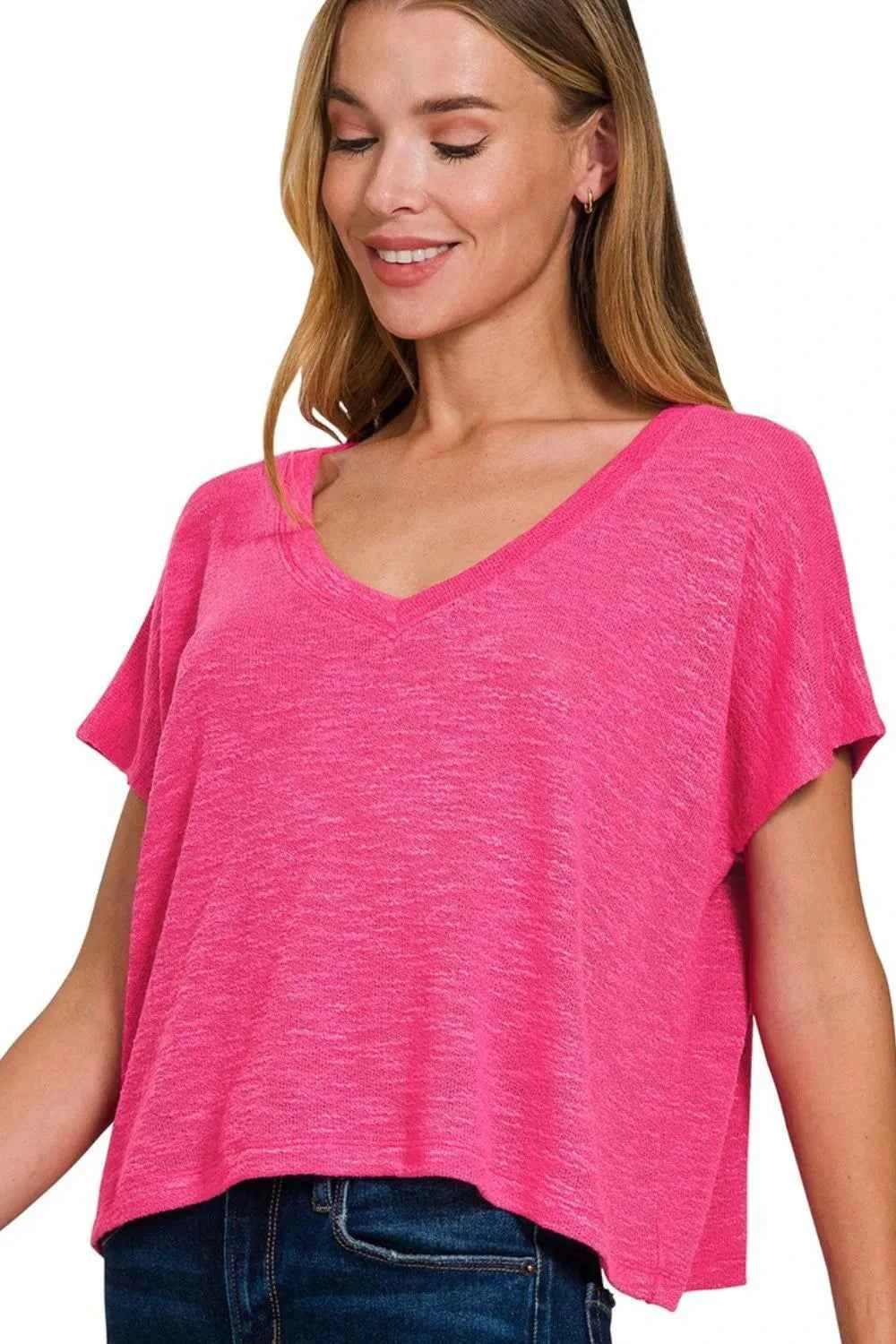 Zenana Hacci Slub V-neck Drop Shoulder Crop Top HOT PINK 73b2712b-18a6-4b6a-b0e3-5cb089157339-Max-Origin
