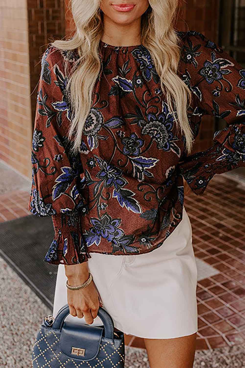 Brown Autumn Floral Print Smocked Cuffs Shift Blouse Brown 100%Polyester 73b698aee03207fc