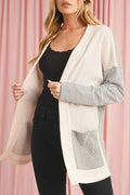 Black Striped Patchwork Pocket Open Front Cardigan Black Stripe 75%Polyester+25%Cotton 73b8a76a6f9dab52
