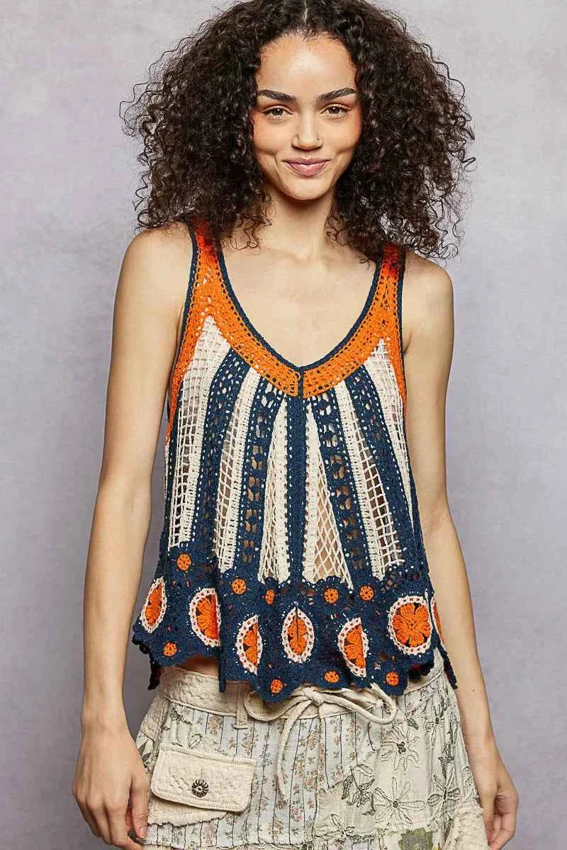 POL Openwork Stripe Pattern Flowy Tank with Scalloped Edge INDIGO MULTI One Size 73bf9b73-f762-4b8a-95d4-07c2063abf1f-Max-Origin